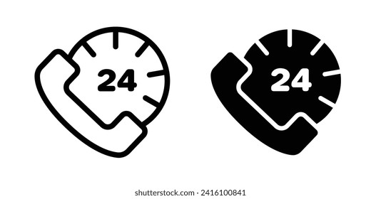 247 Icono de línea de servicios de llamadas de emergencia. Icono de asistencia del centro de llamadas Telemarketing en color blanco y negro.