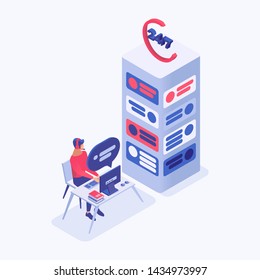 24/7 Helpline Vector Isometric Illustration. Call Center Manager, Hotline Operator 3d Characters. Around The Clock Online Tech Support, Office Worker With Headphones Sitting At Desk