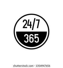24/7 hours and 365 days icon. Any time working service or support symbol. Adjustable outline stroke line width.