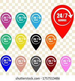 24/7 hours map place pointer. Map pointer with 24 hours icon