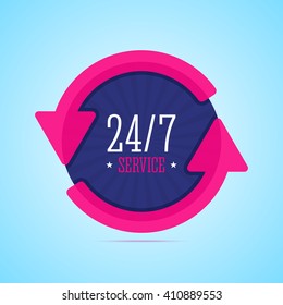 Tarjeta de servicio las 24 horas del día. Ilustración vectorial en estilo plano con flechas de transparencia.