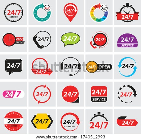 24/7 hours service. Colorful vector icons set: 24/7, Badge, Label or Sticker for Customer Service, Support, Call Center or CRM Concept Isolated on White Background.