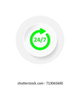 24/7 icon isolated on white background. 24 hours 7 days button in green. EPS10 vector illustration for web design, infographic, application, sign, symbol, service banner, template, business poster.