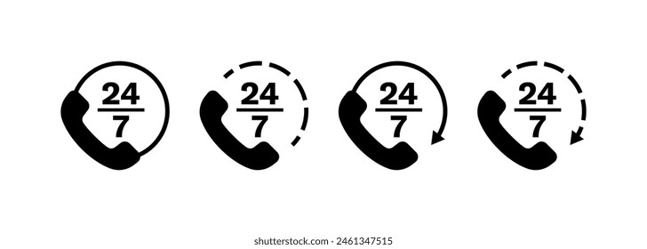 247 icon set. Work around the clock icon set. Silhouette Style. Vector icons