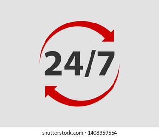 24/7 icon vector. 24 hour service clock.