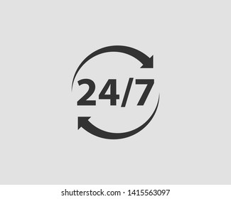 24/7 icon vector. 24 hour service clock.