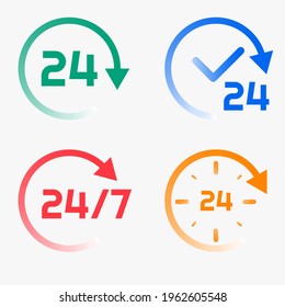247 icon vector set. Service open 24h hours a day and 7 days a week. Flat isolated colorful 24h7d icon collection. Always open vector with gradient, rounded sign isolated on white background
