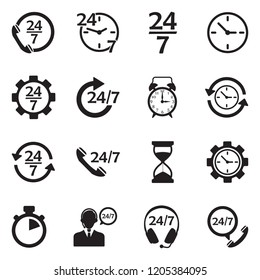 24/7 Icons. Black Flat Design. Vector Illustration. 