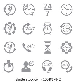 24/7 Icons. Gray Flat Design. Vector Illustration. 