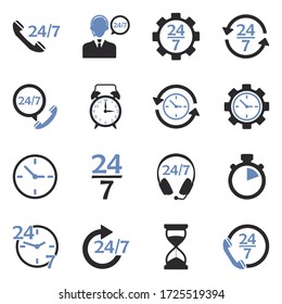 24/7 Icons. Two Tone Flat Design. Vector Illustration.