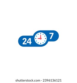 24-7 logos. 24 hours 7 days concept with clock on blue background. 24-7 logo. hourly 24-7 concept