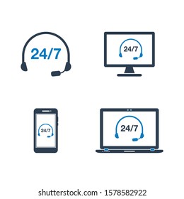 24/7 Online Customer Support, Help Icon Set. Flat style vector EPS.