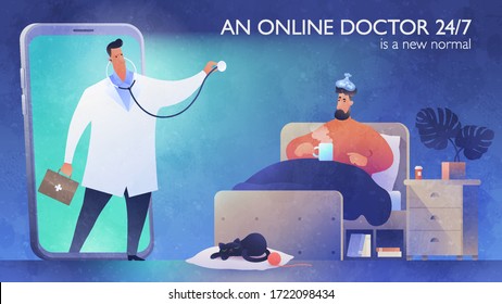 247 Online Doctor concept. Telemedicine support. A video call of a patient to see a doctor via smartphone at nighttime. Healthcare, medicine and technology vector illustration.