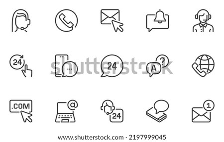 24-7 Online Support. Communication, Contact Us, Customer Service. Vector Line Icons Set. Editable Stroke. Pixel Perfect.