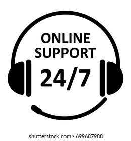 24/7 online support icon isolated on white background. Headphone sign with text online support 24/7. Non stop service badge. EPS10 vector illustration for business banner, template, poster design.