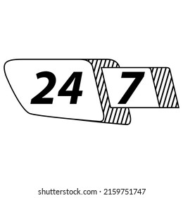 24-7 open concept. Twenty four hour open.Support service.Vector flat illustration.Steady available services.24 hours a day and 7 days a week. Isolated on white background.