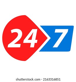 24-7 open concept. Twenty four hour open.Support service.Vector flat illustration.Steady available services.24 hours a day and 7 days a week. Isolated on white background.