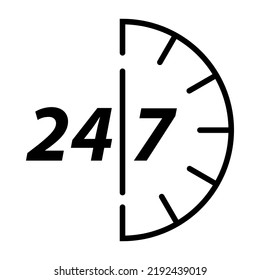 24-7 open concept. Twenty four hour open.Support service.Vector flat illustration.Steady available services.24 hours a day and 7 days a week. Isolated on white background.