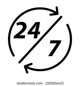 24-7 offenes Konzept. 24 Stunden geöffnet.Support-Service.Vektorgrafik.Stetig verfügbare Dienstleistungen.24 Stunden am Tag und 7 Tage die Woche. Einzeln auf weißem Hintergrund.