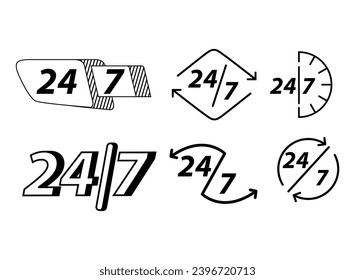 24-7 open concept. Twenty four hour open.Support service.Vector flat illustration.Steady available services.24 hours a day and 7 days a week. Isolated on white background.
