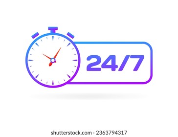 247 open icon. Flat, purple, 247 timer icon, round the clock sign. Vector icon