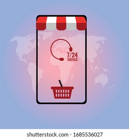 Diseño de vectores de marketing móvil abierto 24/7 en el mapa mundial