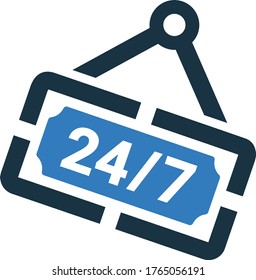 24/7 open sign, 24 hours and 7 days service icon