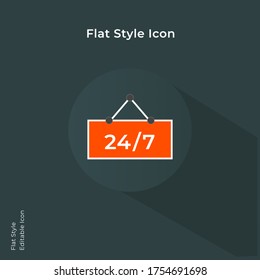 24/7 open sign hanging with chain vector illustration style for using in mobile, website, ui design. Signboard at door shop.