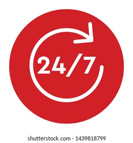 24/7 rotate arrow icon vector isolated on flat red round button illustration