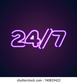 24/7 round hour open neon sign with glowing purple and blue lights