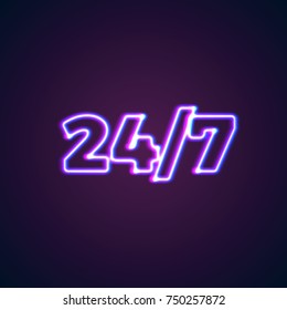 24/7 round hour open neon sign with glowing purple and blue lights