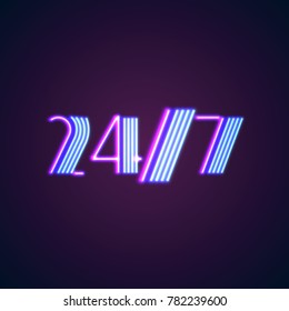 24/7 round hour open neon sign with glowing purple and blue lights