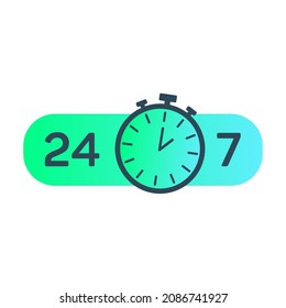 24-7 service. 24 hours a day and 7 days a week service icon. Support service concept with stopwatch and numbers 24-7. Vector