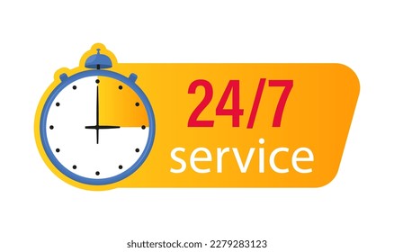 24-7 service. 24 hours a day and 7 days a week service icon. Support service concept with stopwatch and numbers 24-7. Logo. Vector Illustration. 