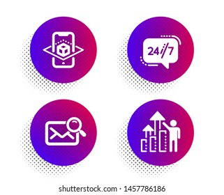 24/7 service, Augmented reality and Search mail icons simple set. Halftone dots button. Employee results sign. Call support, Phone simulation, Find letter. Chart. Technology set. Vector