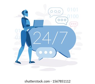 24/7 service Chatbot or artificial intelligence network.  Vector illustration for web banner, infographics, mobile. ai technology with robot. call center, nonstop customer support