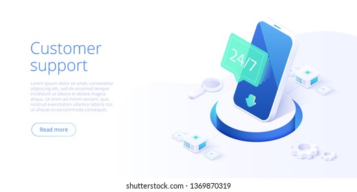 24/7 service concept or call center in isometric vector illustration. 24-7 round the clock or nonstop customer support background. Mobile self-service layout template for web banner.