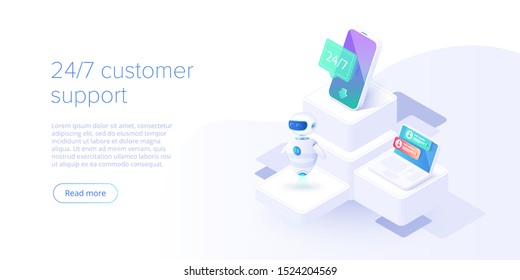 24/7 service concept or call center in isometric vector illustration. 24-7 round the clock or nonstop customer support background. Mobile self-service layout template for web banner.