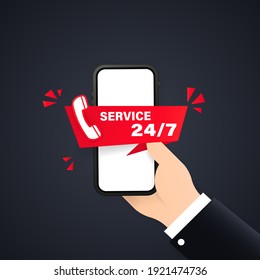 24-7 service concept or call center illustration. Landing page template customer and operator, online technical support 24-7 for web page Online assistant, virtual help service smartphone.