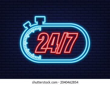 24-7 service concept. 24-7 open. Neon icon. Support service icon. Vector stock illustration.