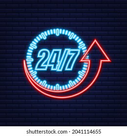 24-7 service concept. 24-7 open. Neon icon. Support service icon. Vector stock illustration.