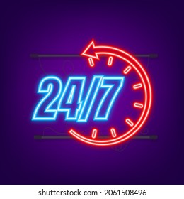 24-7 service concept. 24-7 open. Neon icon. Support service icon. Vector stock illustration