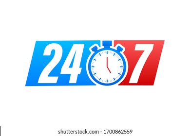 24-7 service concept. 24-7 open. Support service icon. Vector stock illustration.