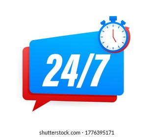 24-7 service concept. 24-7 open. Support service icon. Vector stock illustration.