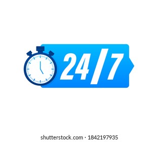 24-7 service concept. 24-7 open. Support service icon. Vector stock illustration.