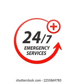 24-7 service concept. 24-7 open. Support service icon. Round the clock customer service. Arrow vector icon. Medical service. Vector logo. Round logo. Vector illustration