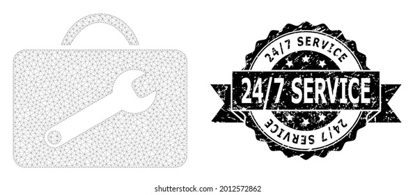 24-7 Modelo de malla del kit de herramientas de sellado sucio y de servicio vectorial. El sello negro tiene el título de Servicio 24-7 dentro de cinta y rosette. Resumen del kit de herramientas de servicio de malla plana, diseñado con malla plana.