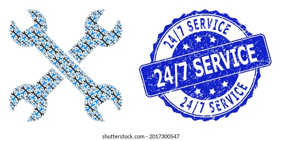 24-7 Service grunge round seal print and vector recursive mosaic spanners. Blue stamp seal has 24-7 Service text inside round shape. Vector mosaic is made with scattered spanners pictograms.
