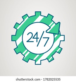 24-7 service icon. Day and night working. Always open time. 24h available support. Repair and settings gear sign. Vector illustration.