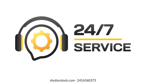 247 Service icon. Headphones and gear icon. Flat style. Vector icon